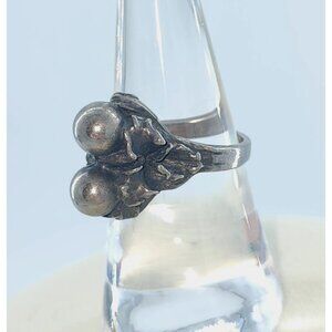 Antique Art Nouveau Sterling Silver Double Orb Ball Pearl Ring Flower Vines Sz 7
